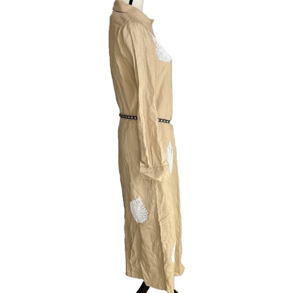 ZARA Tan and White Beaded Linen Collared Maxi Dress Size Small - Picture 7 of 12